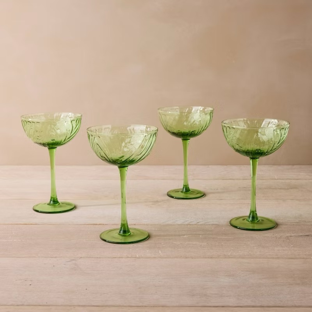 JOHN DERIAN NWT 4pc coupe glass -green -6oz